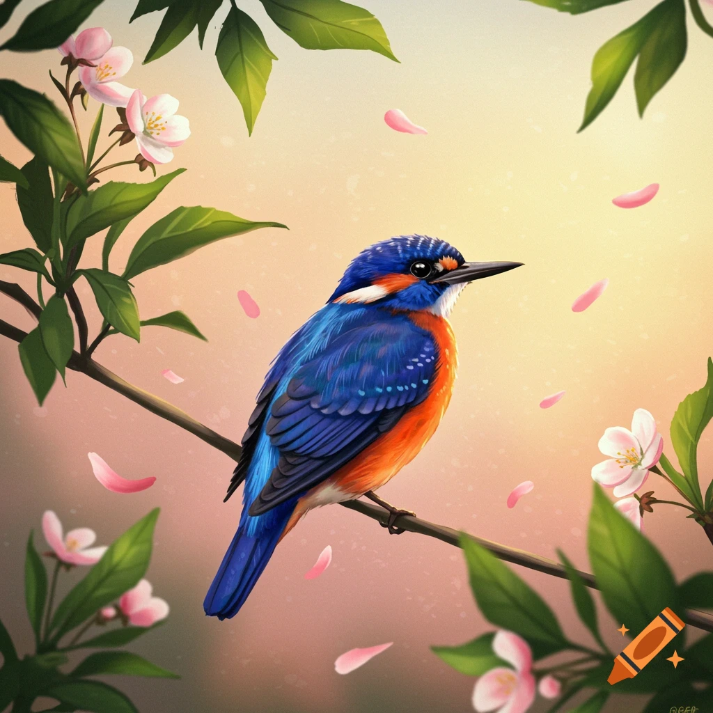 Colorful blue and orange bird perched on a branch surrounded by pink cherry blossoms and green leaves, illustrative style.
