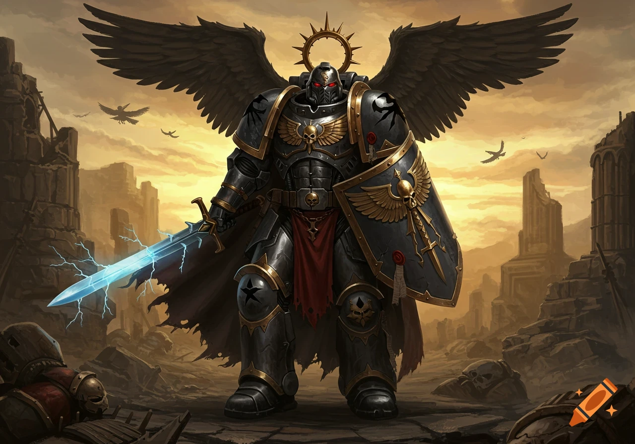 A black armored warrior with large dark wings, a glowing blue sword, and a shield stands in a ruined city under an orange sky.