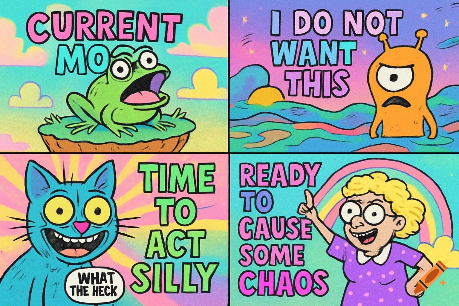 A four-panel cartoon meme. Top left: a frog saying "CURRENT MOOD". Top right: an orange alien saying "I DO NOT WANT THIS". Bottom left: a blue cat saying "TIME TO ACT SILLY" and "WHAT THE HECK". Bottom right: an old woman saying "READY TO CAUSE SOME CHAOS".