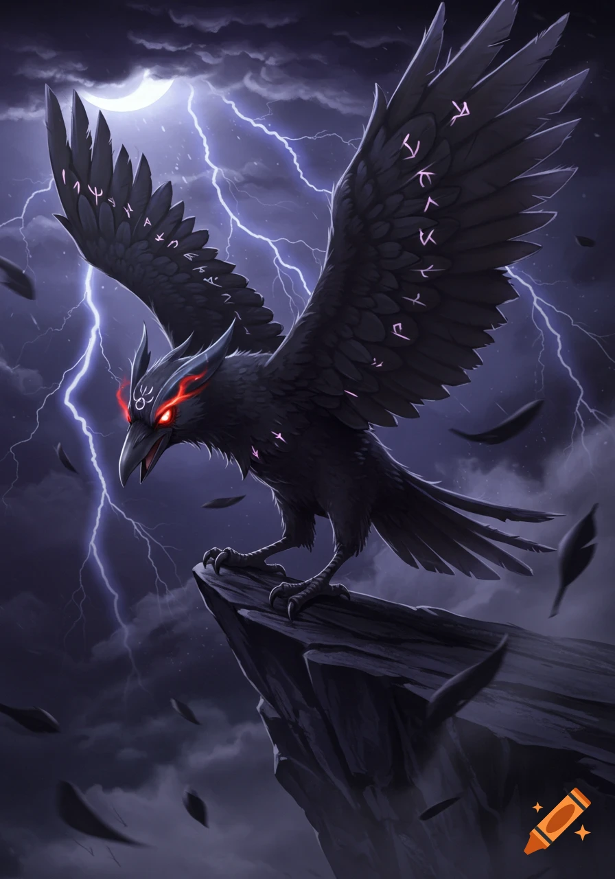 A dark raven-like creature with glowing red eyes and purple runes on its wings, standing on a rock under a stormy, lightning-filled sky.