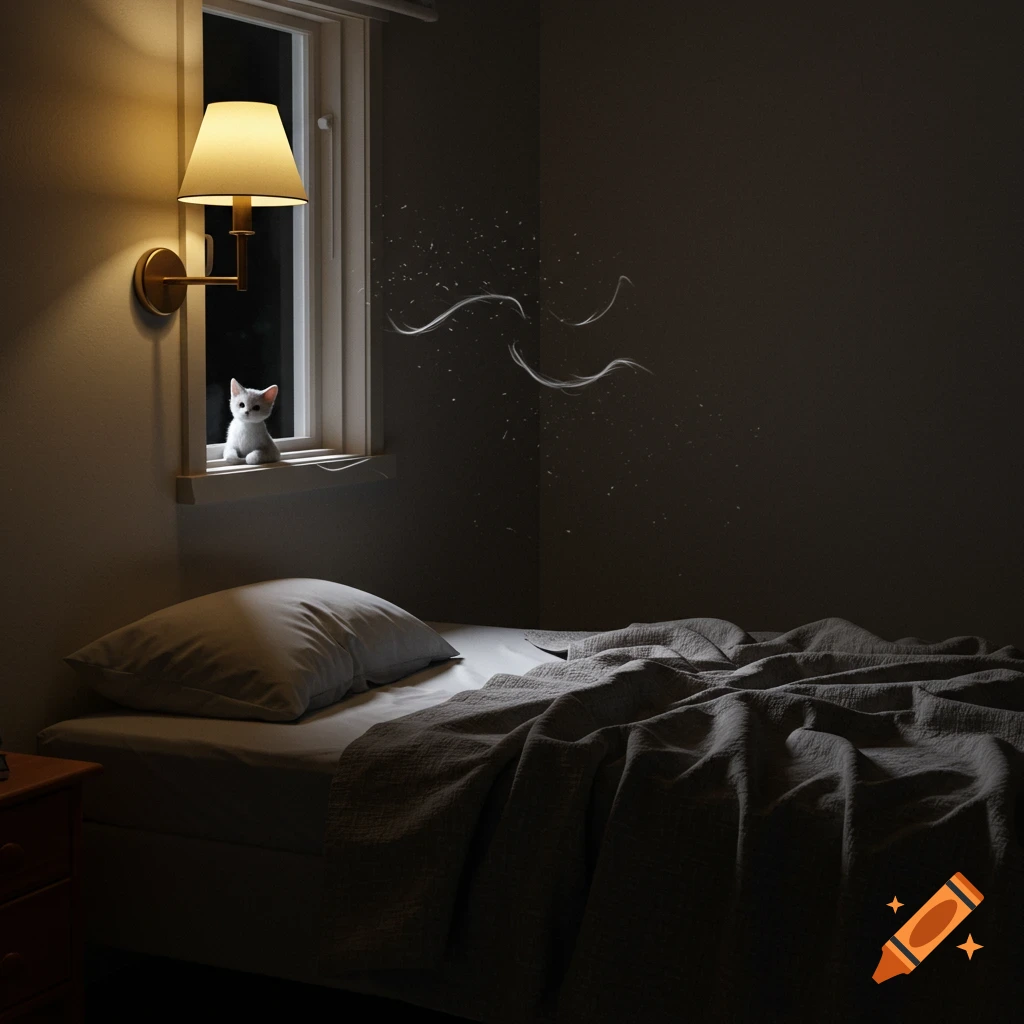 A quiet bedroom at night, with a small white cat sitting on a window sill illuminated by a wall lamp. Wisps of light float above the unmade bed.