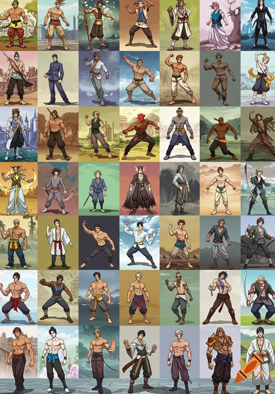 A grid of 50 diverse male anime characters in various dynamic poses and outfits against different scenic backgrounds.