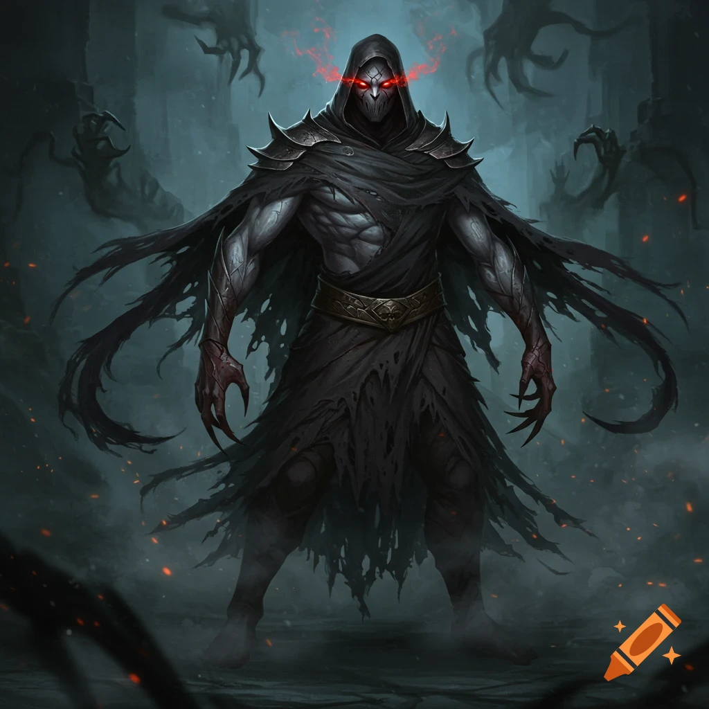 A shadowy, hooded fantasy villain with glowing red eyes, a skull mask, sharp claws, and a torn cloak, standing in a dark, misty environment.