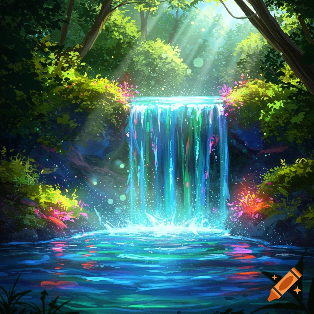A vibrant, colorful waterfall cascades into a glowing pool in a lush, sunlit forest.
