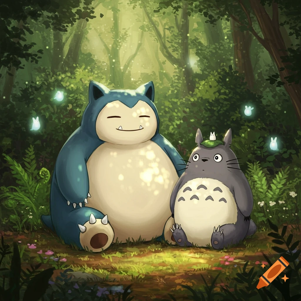 Snorlax and Totoro sit together in a lush, magical forest, surrounded by glowing sprites.