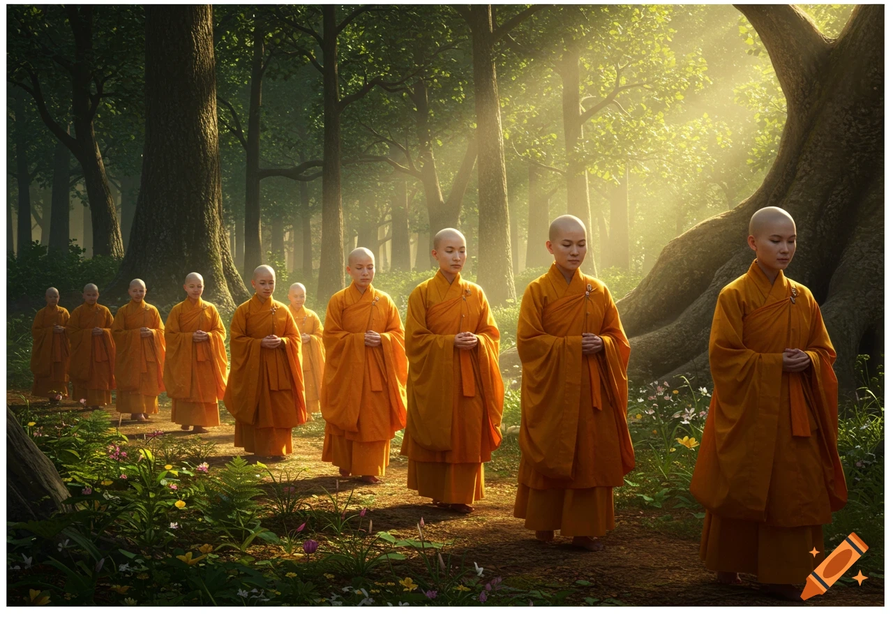 Buddhist nuns in yellow-orange robes walk along a sunlit path through a lush green forest.
