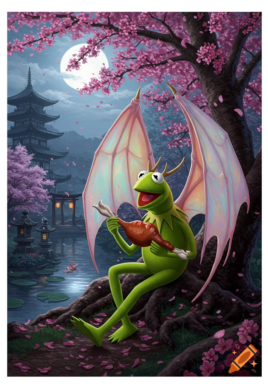 Kermit the Frog with dragon wings eats a meat leg under a cherry blossom tree in a Japanese landscape with a pagoda and full moon.