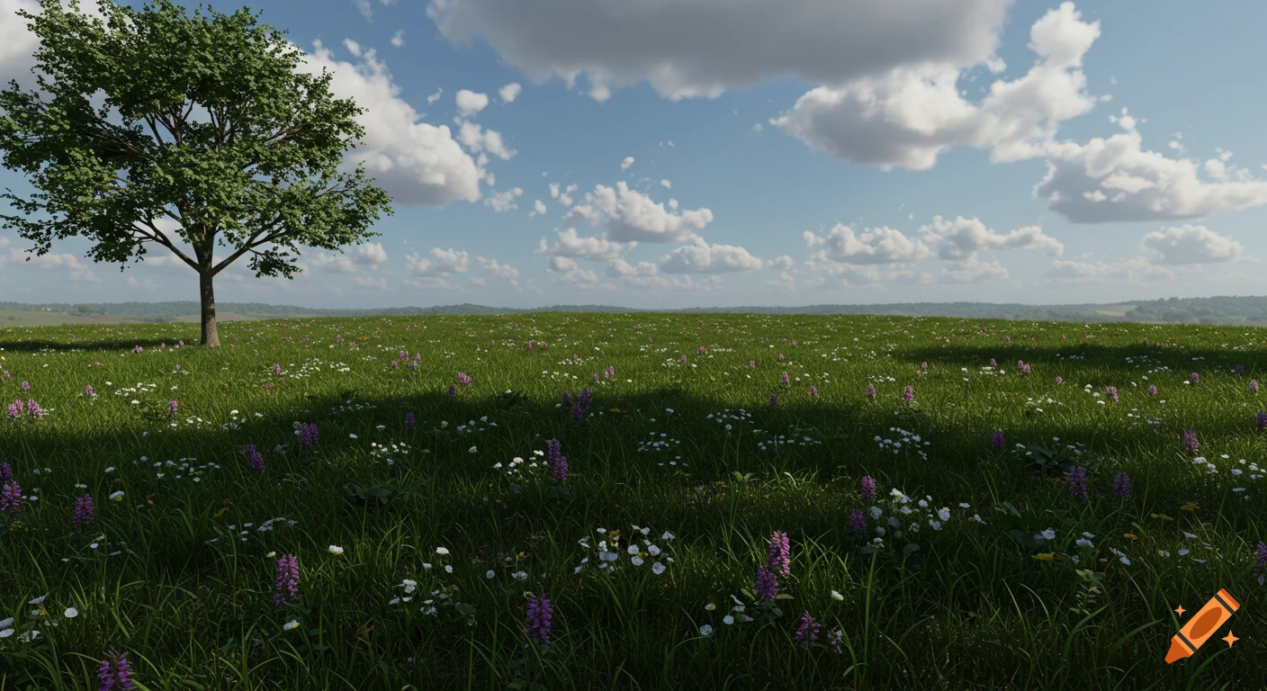 A wide, photorealistic landscape of a dark green meadow with wildflowers and a single tree under a blue sky with white clouds.