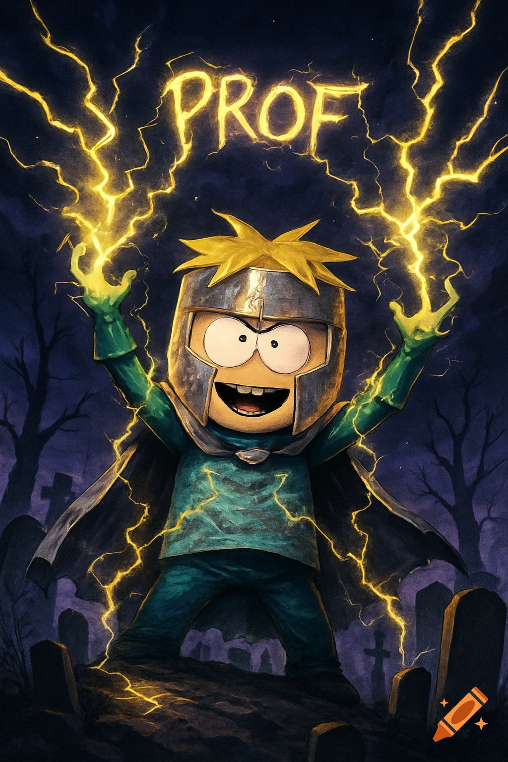 Butters as Professor Chaos from South Park, raising his hands with yellow lightning, in a dark graveyard at night. The word 'PROF' glows above him.