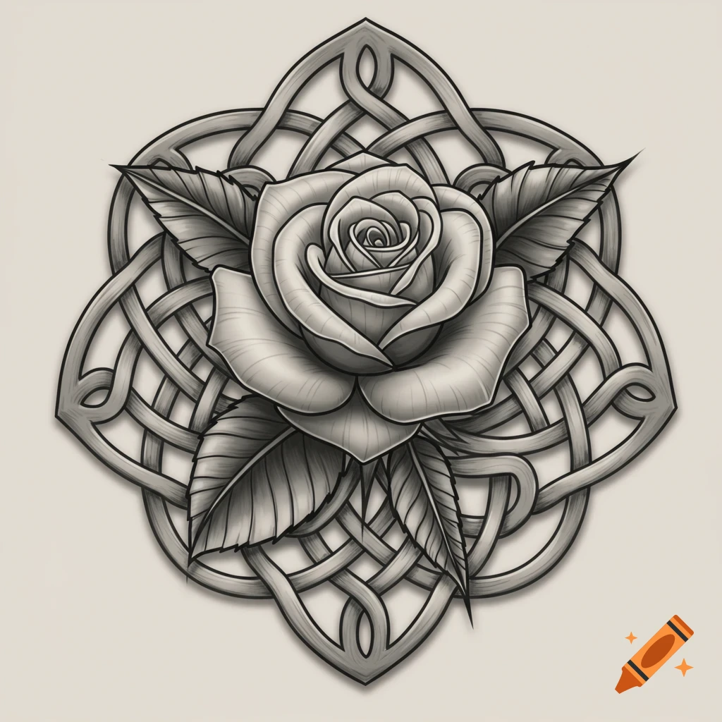 A grey-scale illustration of a rose centered within a celtic knot design, in a tattoo style.