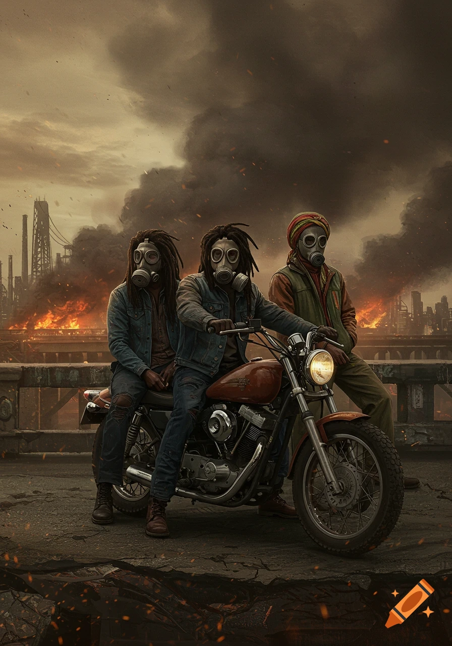 Three people in gas masks on a motorcycle look at a smoky, burning dystopian city skyline.