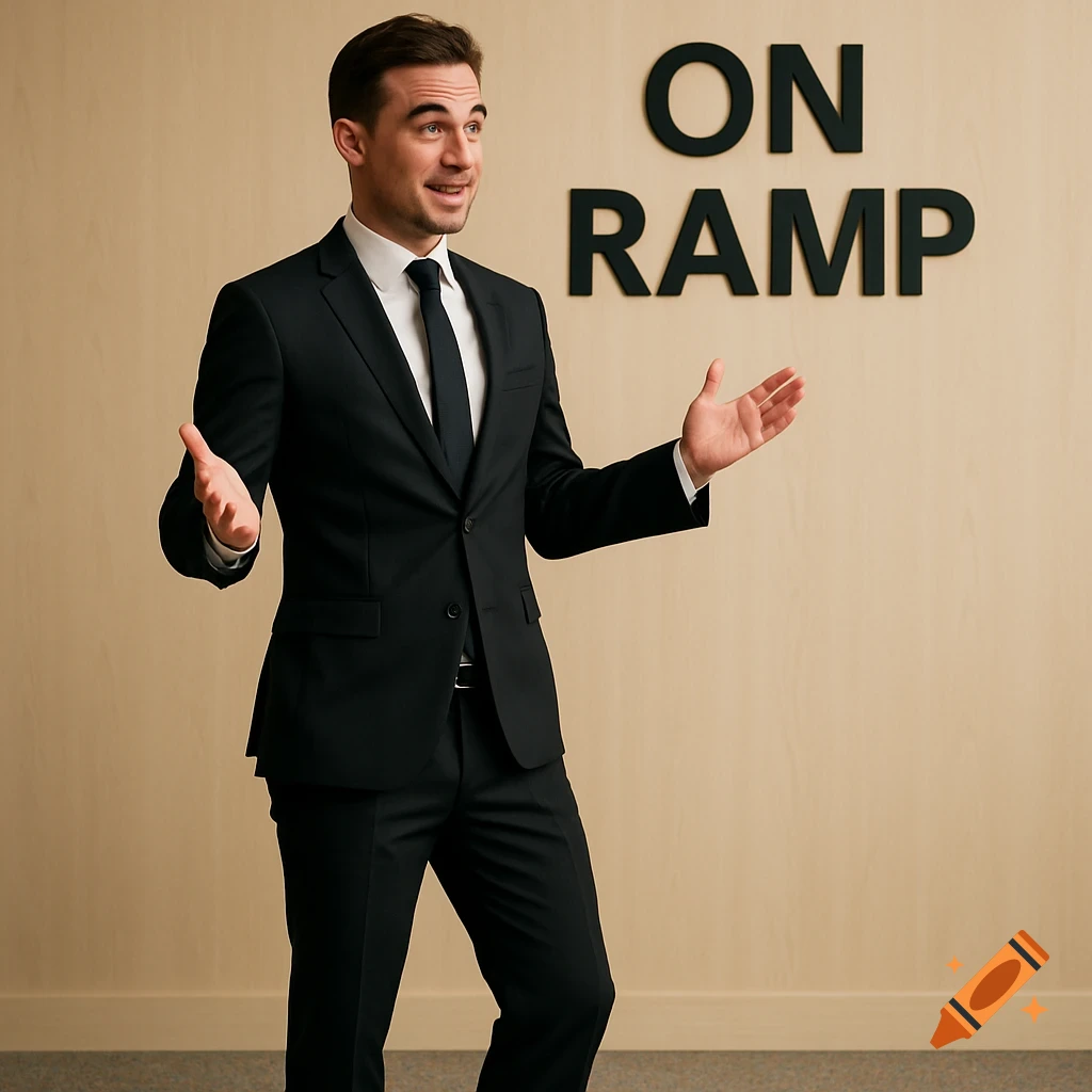 A man in a black suit and tie stands in front of a wooden wall with 'ON RAMP' written on it, gesturing with open hands.