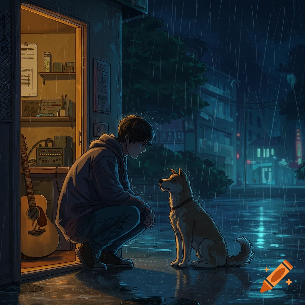 An anime-style image of a young man crouching to look at a scruffy dog on a rainy night outside a building, with a guitar visible inside.