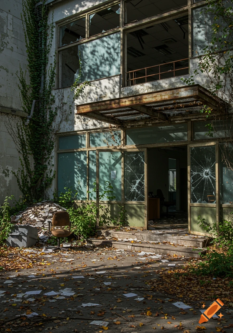 Abandoned office building entrance with broken glass doors, rusty awning, old chair, and ivy. Leaves and papers cover the ground.