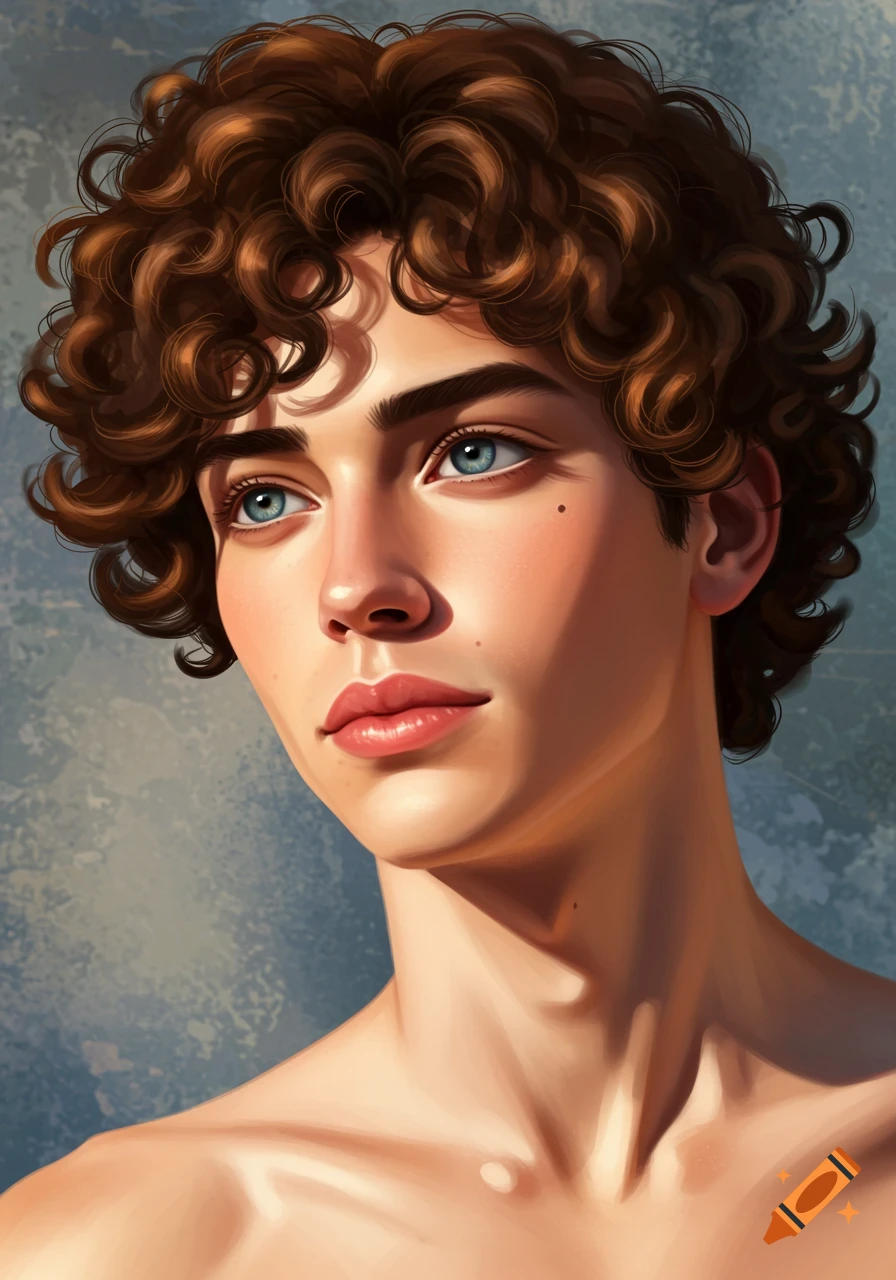 Digital painting of a young man with curly brown hair, blue eyes, and a beauty mark, looking left.