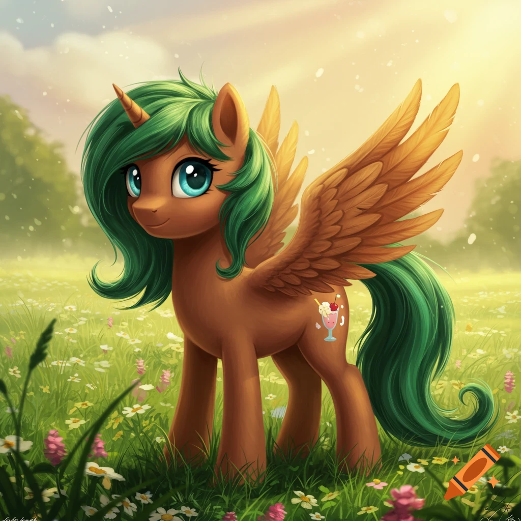 A brown My Little Pony style pegasus unicorn with green mane, blue eyes, and a milkshake cutie mark stands in a sunny flower field.