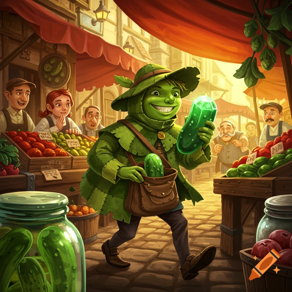 A cheerful pickle-costumed person holds a glowing green gem in a bustling market scene with vendors and produce stalls, in an illustration style.