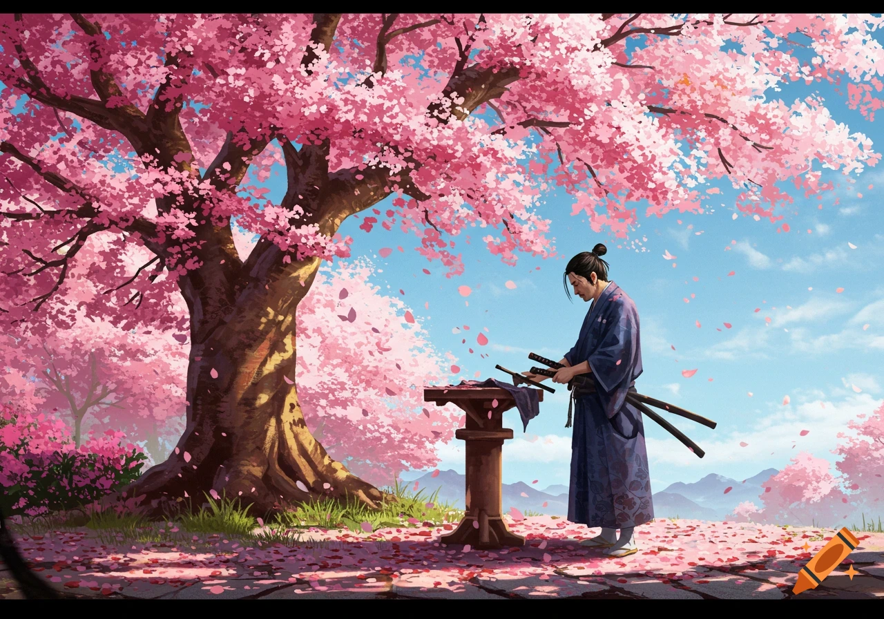A samurai polishes his sword beneath a large cherry blossom tree with falling pink petals, against a clear blue sky.