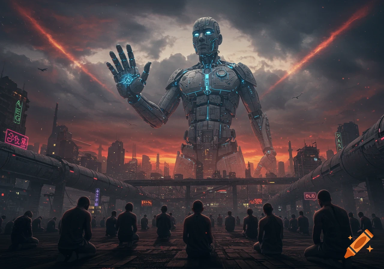 A giant robotic being stands over a futuristic, dystopian city at sunset, with many people bowing on their knees in the foreground. The robot has glowing blue lines and raised a hand.