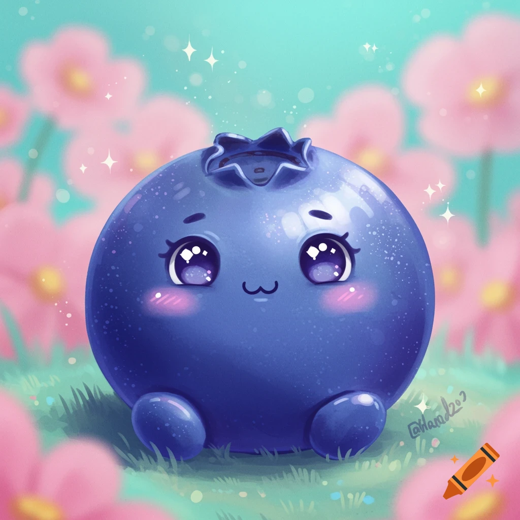 A cute, round blueberry character with big eyes and small feet sits in a field of pink flowers.