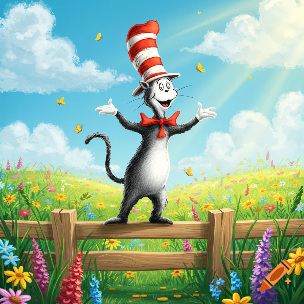 The Cat in the Hat stands on a wooden fence in a vibrant field of flowers under a bright blue sky with butterflies, in an illustrative style.