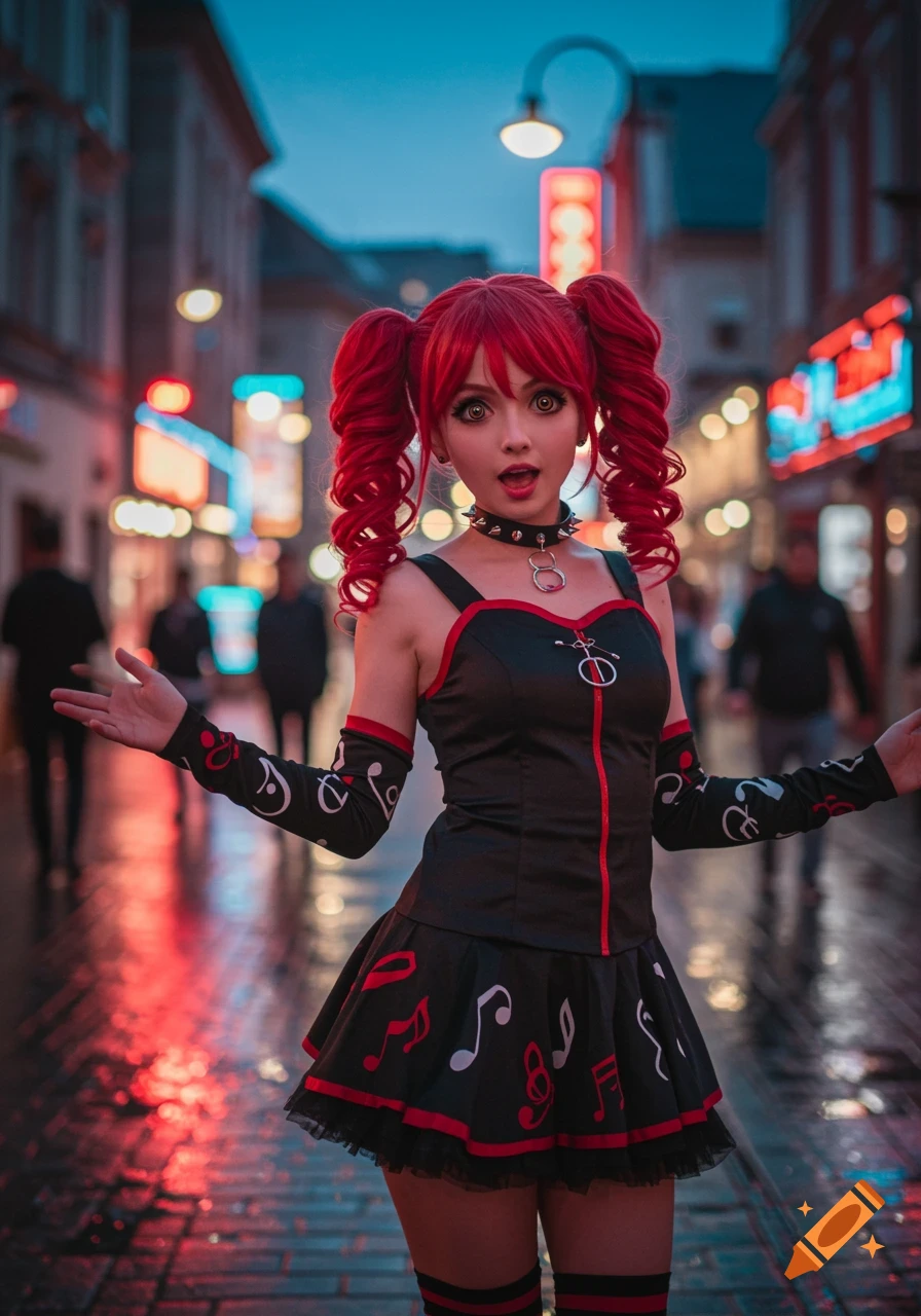 A red-haired woman with large eyes and pigtails, dressed in a black and red outfit with musical notes, stands on a wet street at night with neon lights.