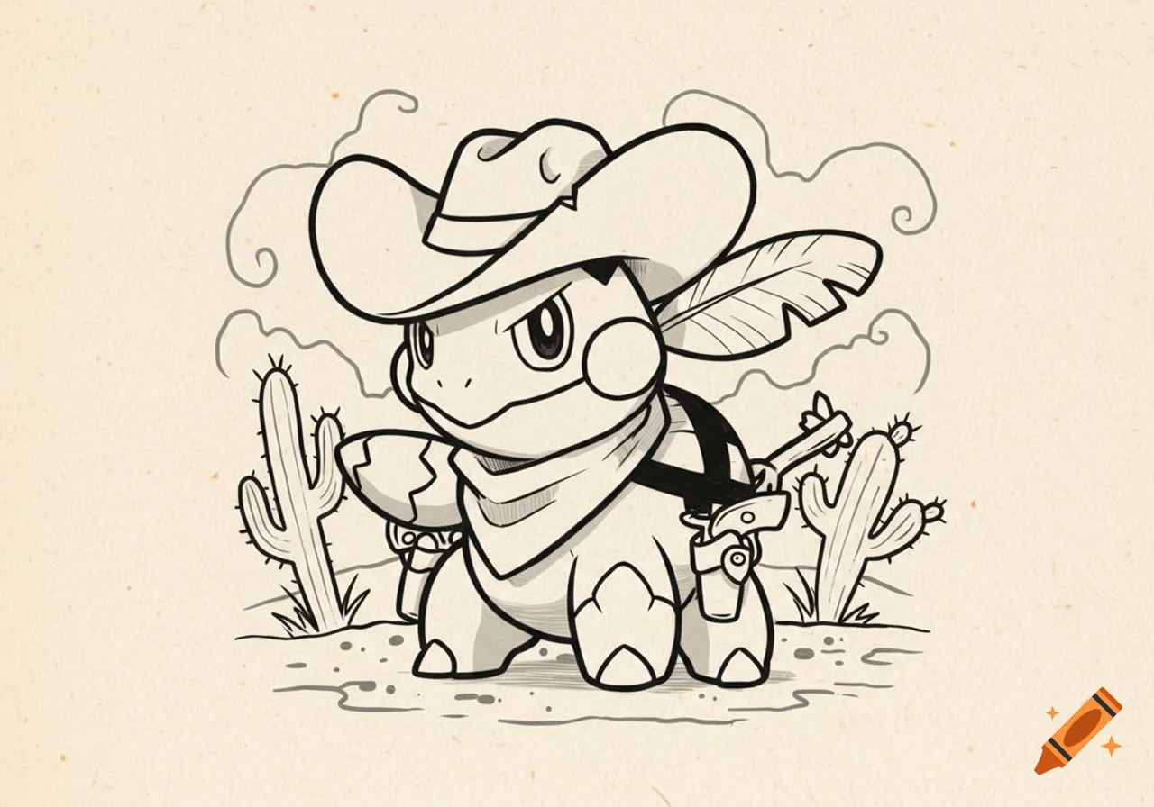 A black and white line art drawing of the Pok available_values:émon Turtwig wearing a cowboy hat and bandana, with a gun in a holster, standing between two cacti.