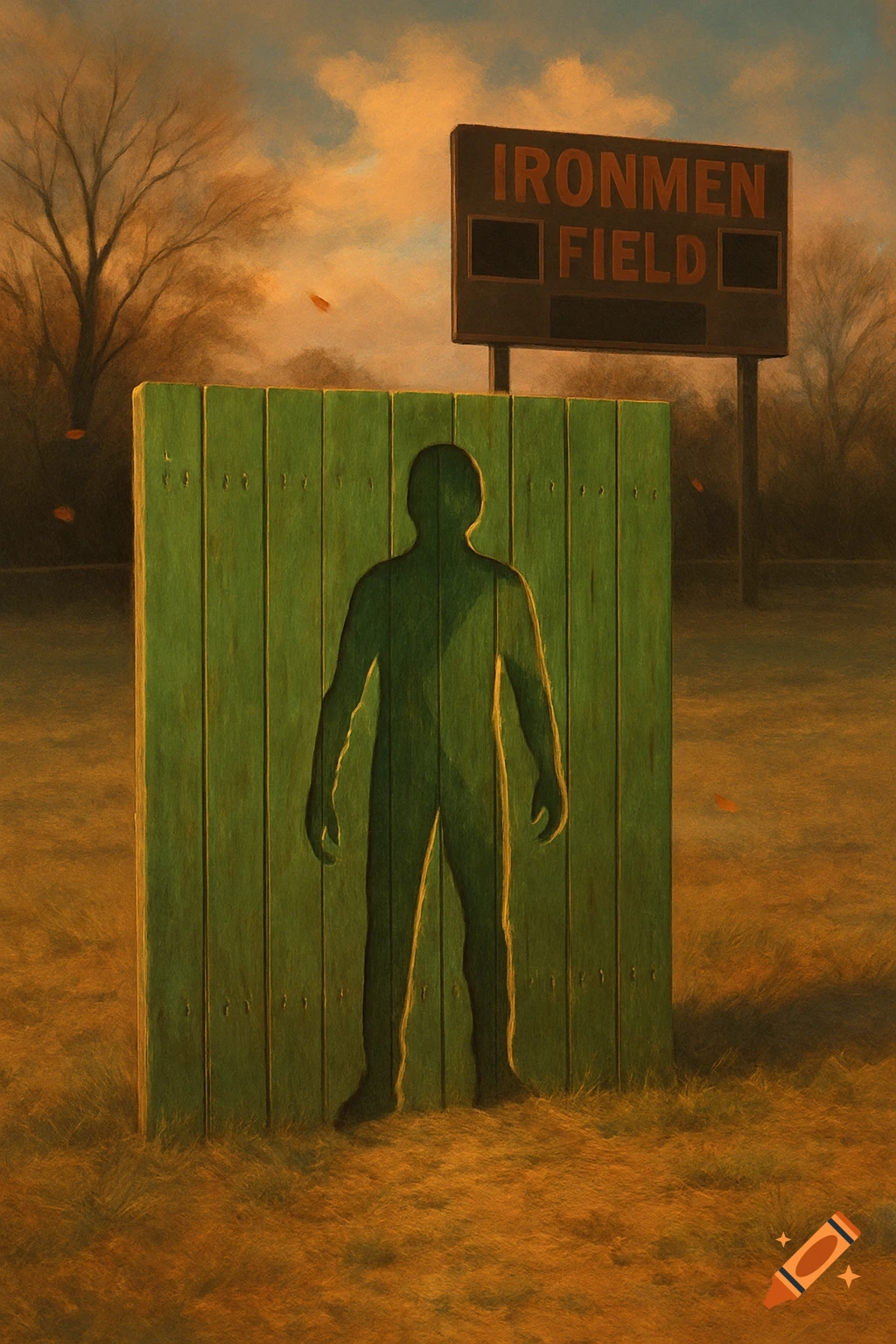 A silhouette of a person is cut out of a green wooden fence in a field, with an 'Ironmen Field' scoreboard in the background.