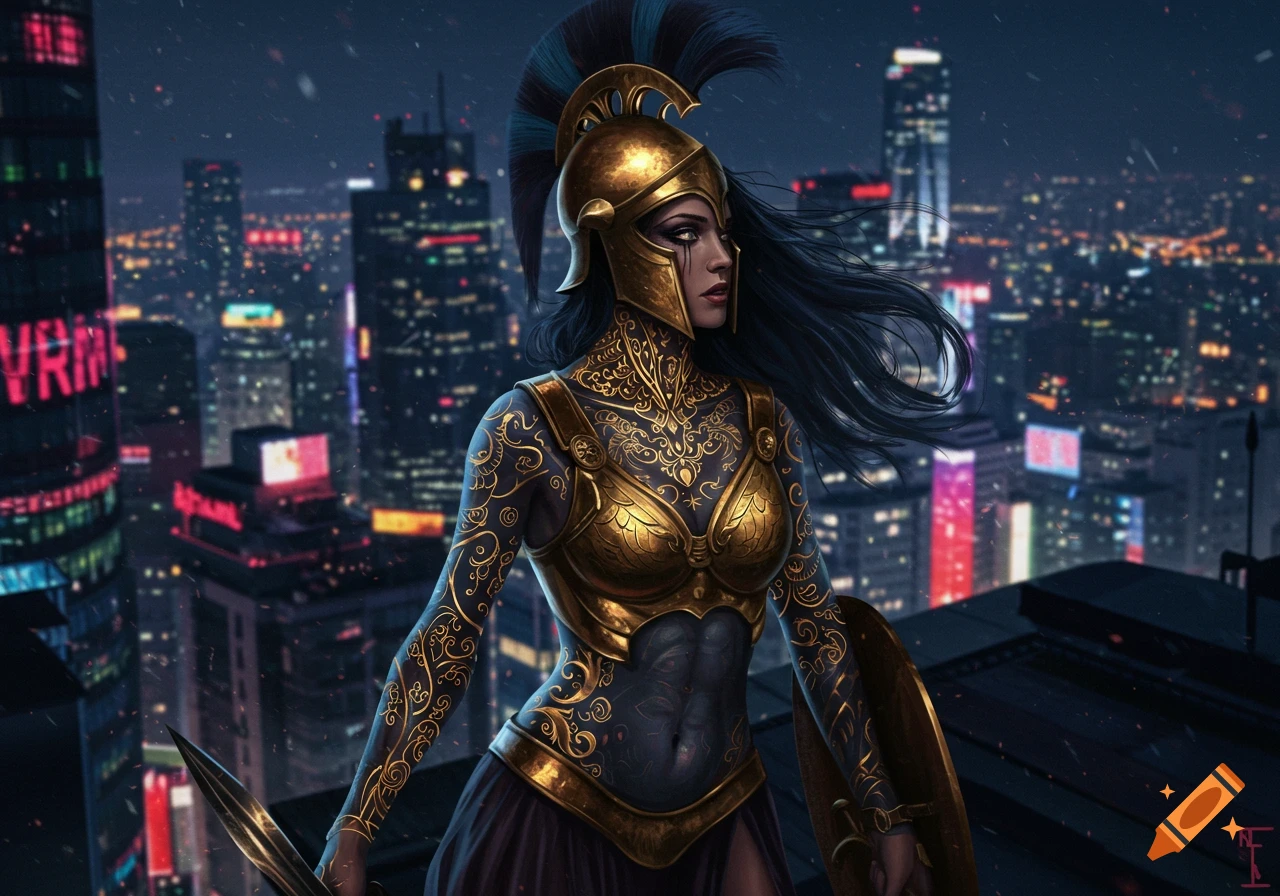 A dark-skinned woman in golden Greek-inspired armor and helmet with ornate body patterns stands on a rooftop overlooking a futuristic cityscape at night.