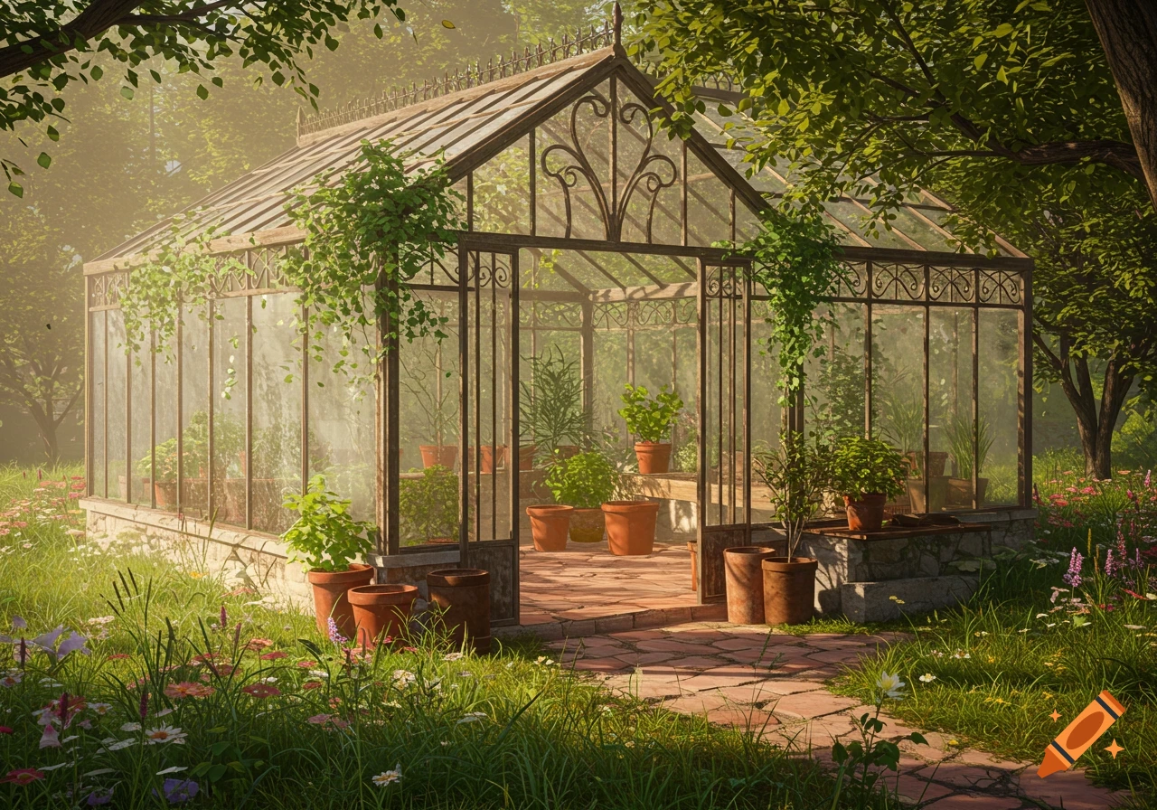 A rustic glass greenhouse surrounded by lush greenery, flowers, and a brick path on a sunny day.