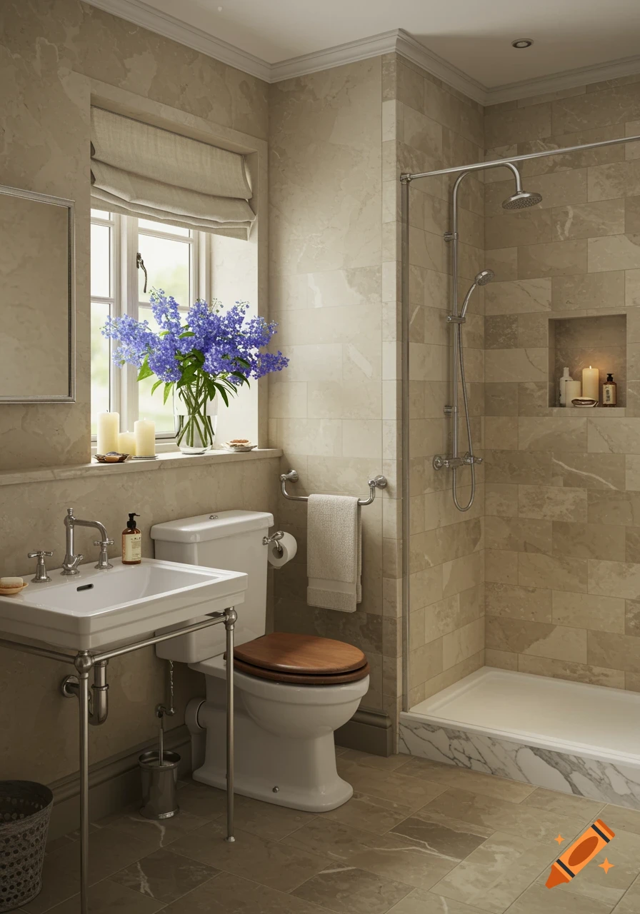 A serene English countryside shower room with stone tiles, a walk-in shower, a toilet, a vintage basin, a window with flowers.