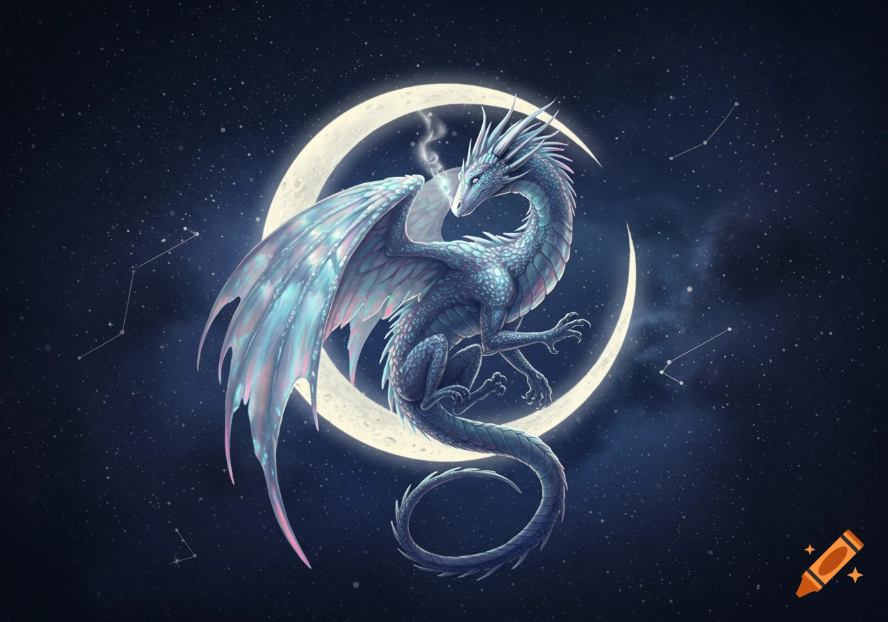 A blue dragon with iridescent wings curled around a crescent moon against a dark, starry night sky.