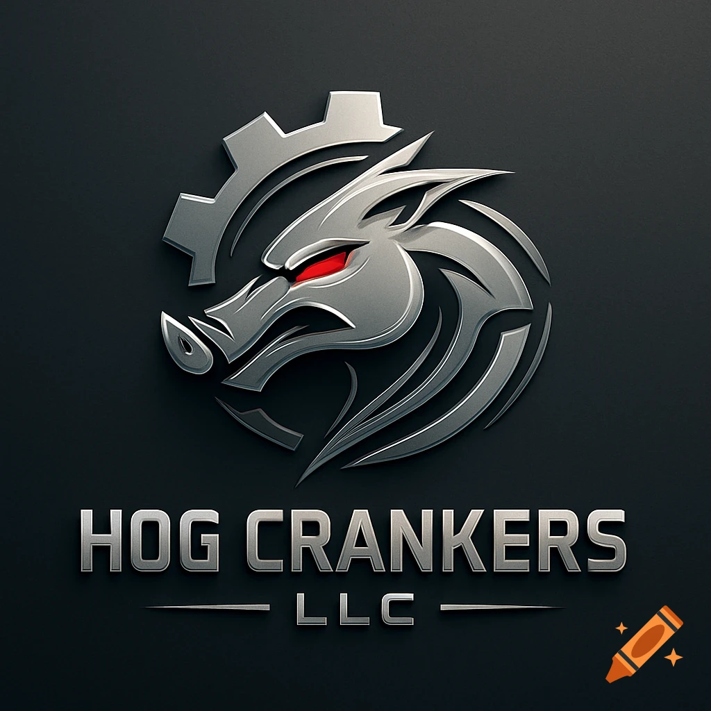 A metallic 3D logo featuring an aggressive stylized boar head with red eyes and a gear, above 'HOG CRANKERS LLC'.
