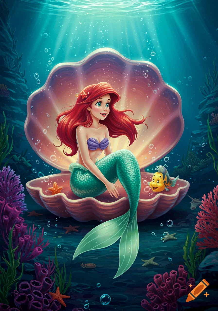 Vibrant illustration of the Little Mermaid Ariel sitting in a large clamshell underwater with Flounder and colorful coral.