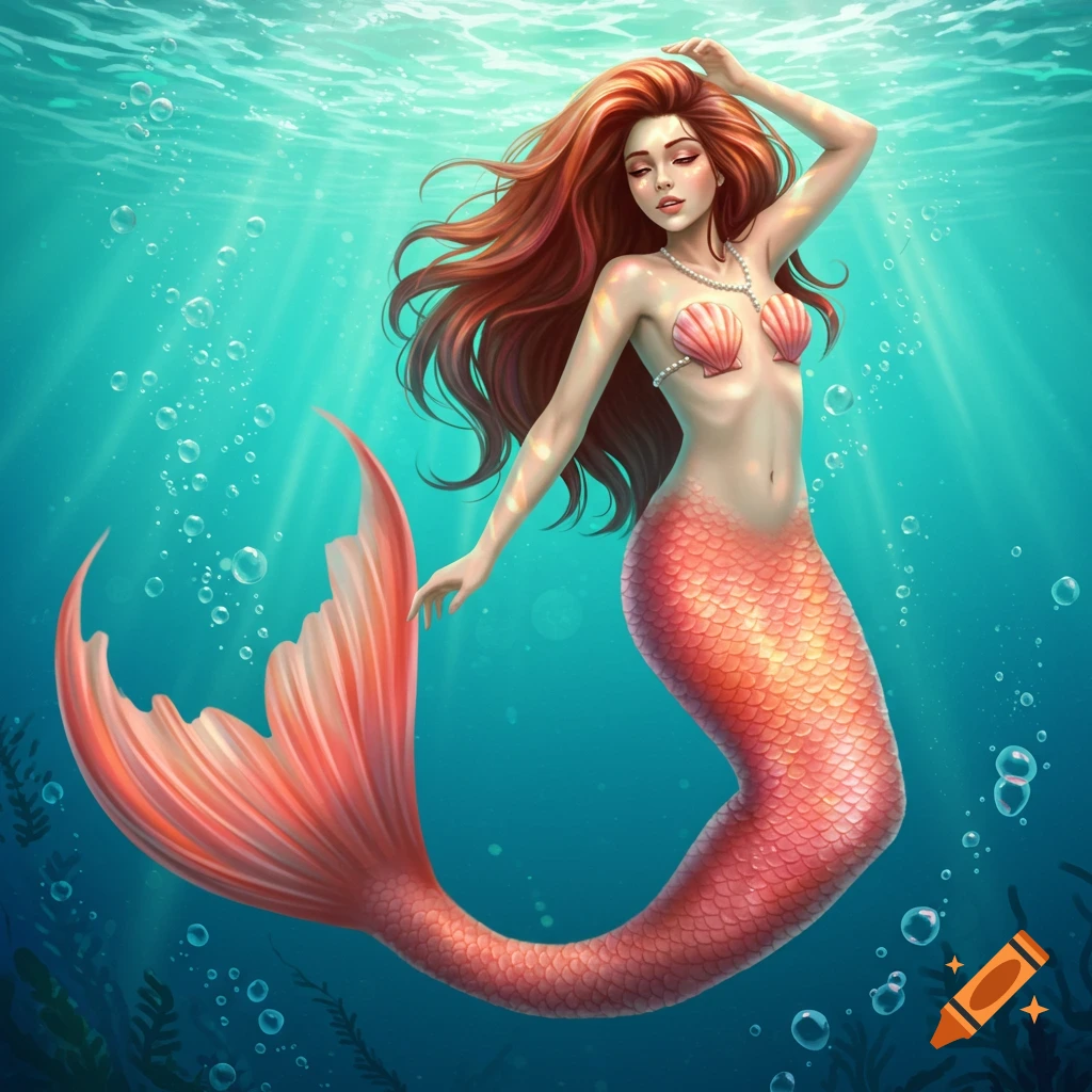 A red-haired mermaid with a pink tail and shell bra swims gracefully underwater, surrounded by bubbles and light rays.