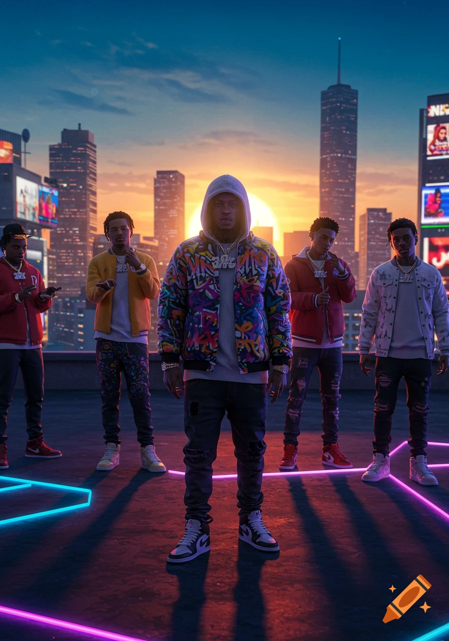 A group of five men posing on a city rooftop at sunset with neon lights, dressed in streetwear and jewelry.