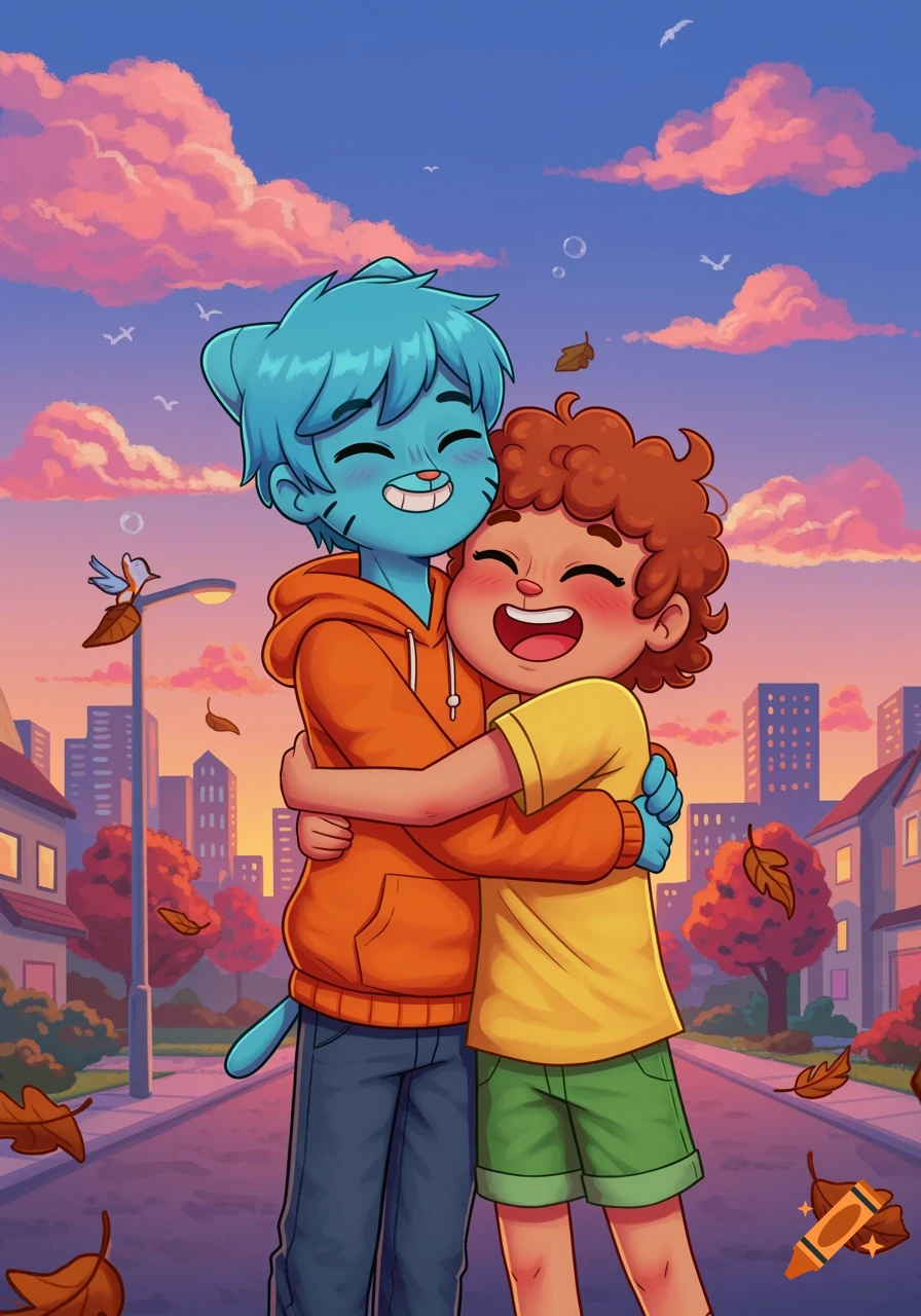 Humanized Gumball and Darwin hugging on a street with autumn leaves and a sunset sky, in a cartoon style.