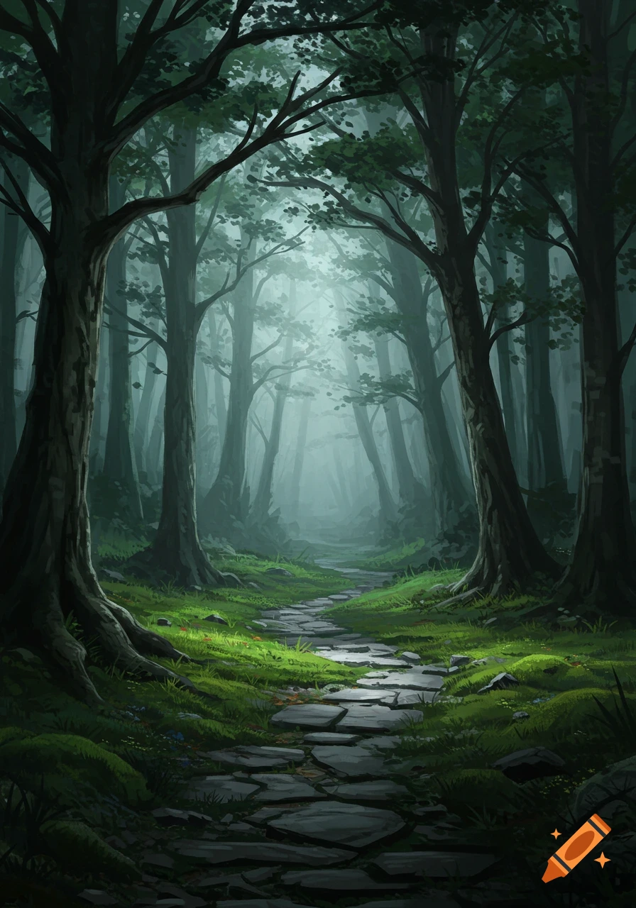 A moody, dark forest with a stone path leading into a misty clearing, with light filtering through the trees.