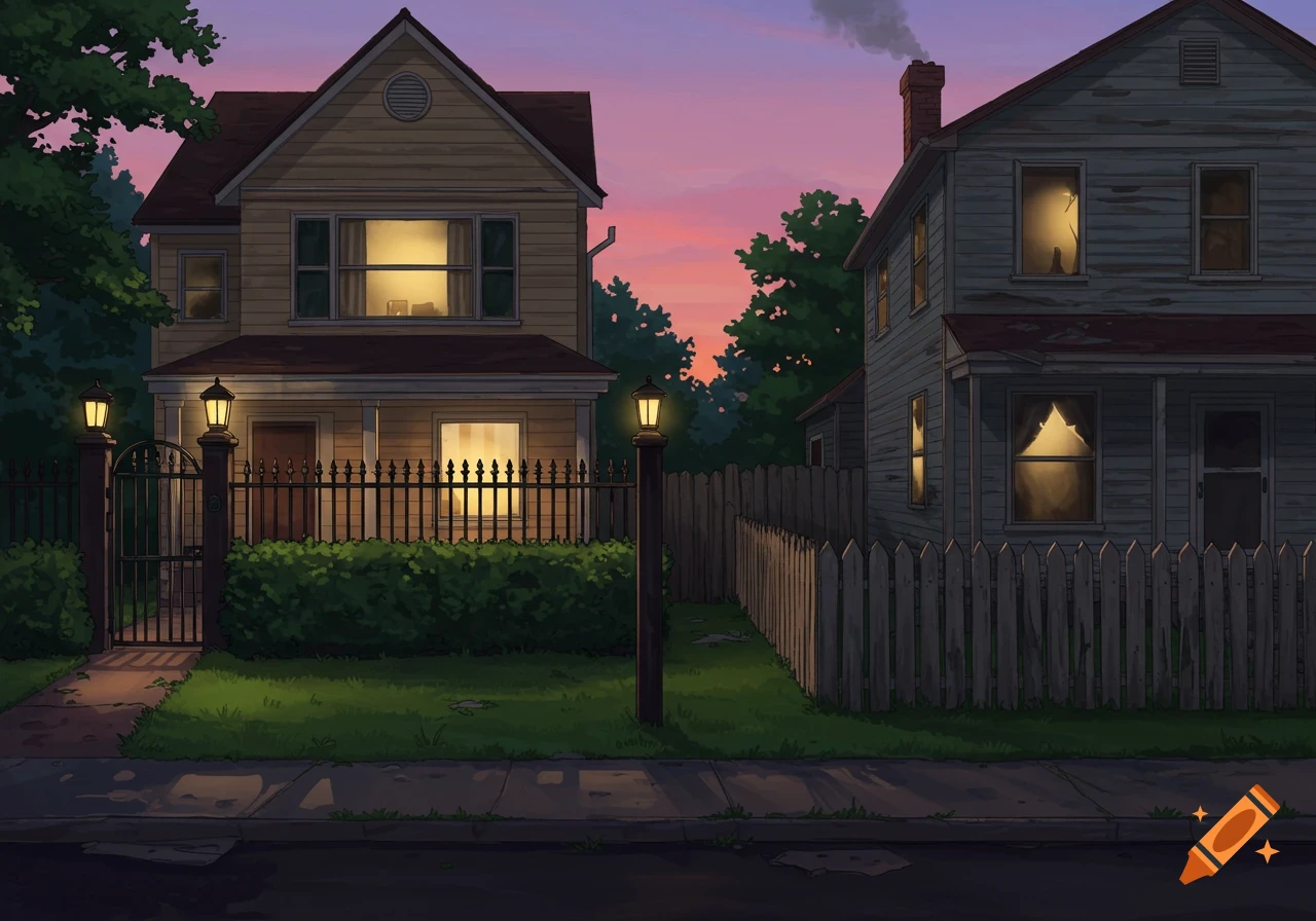 Cartoon illustration of two houses at dusk, one with an ornate iron fence and glowing lampposts, and the other a dilapidated house with a wooden picket fence.