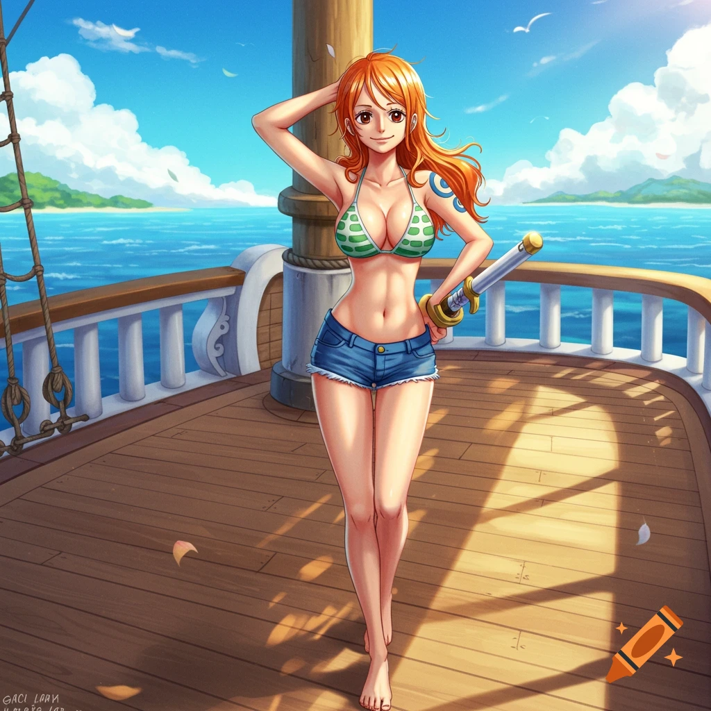 An anime character, Nami from One Piece, stands on a ship deck in a green striped bikini and denim shorts, holding a sword. Ocean and islands are in the background.