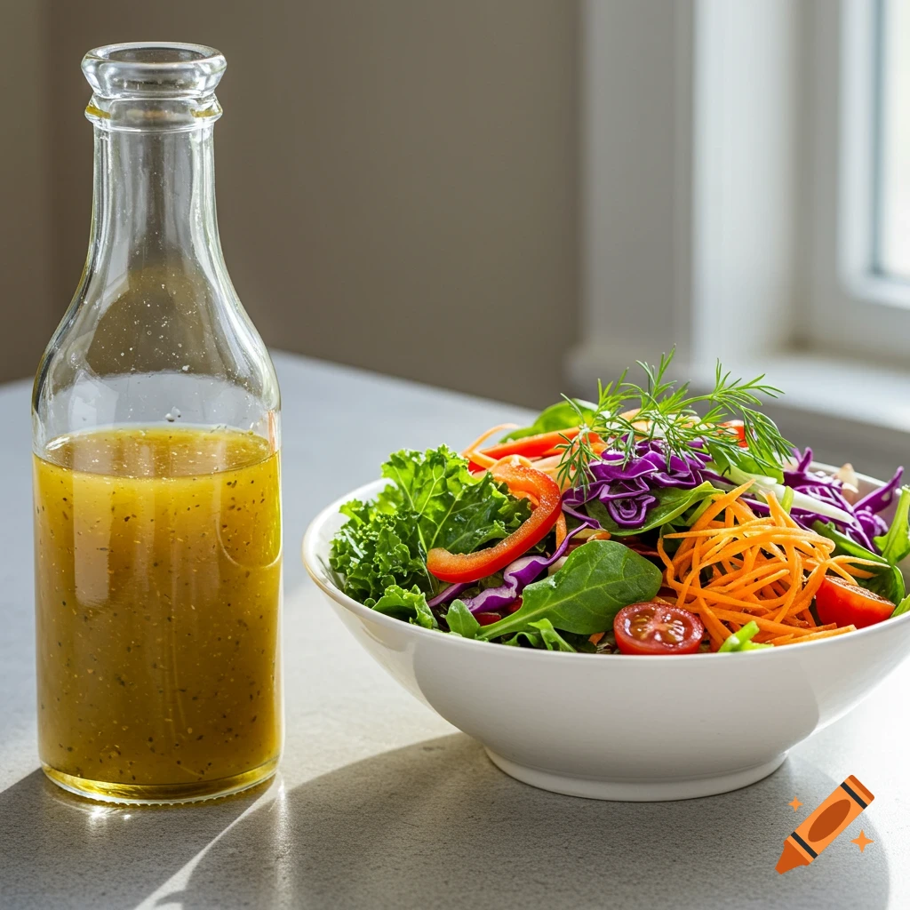 A clear bottle of vinaigrette dressing stands next to a vibrant bowl of multi-colored fresh green salad.