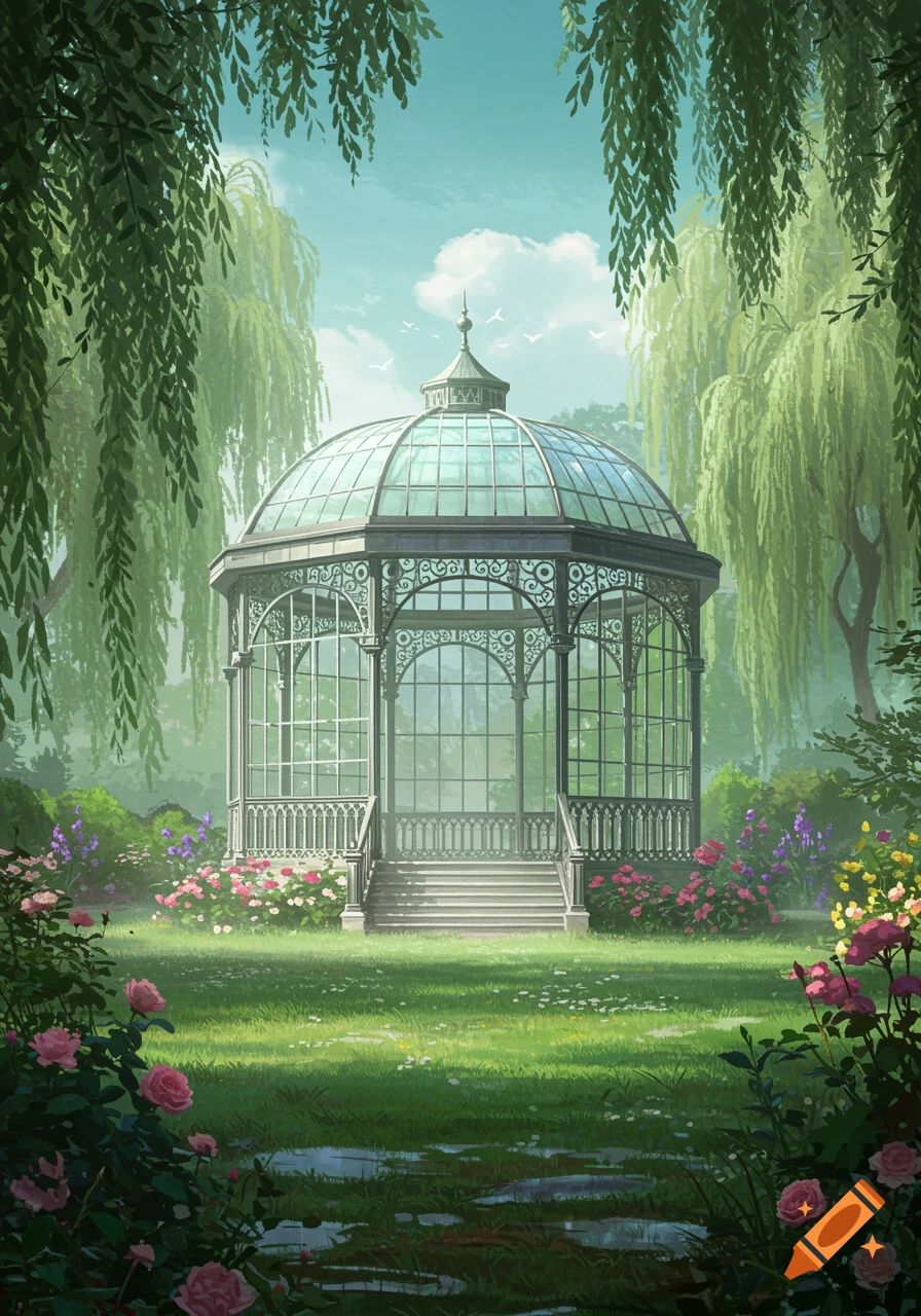 A beautiful glass gazebo stands in a lush, sunlit garden with pink and purple flowers and weeping willow trees.