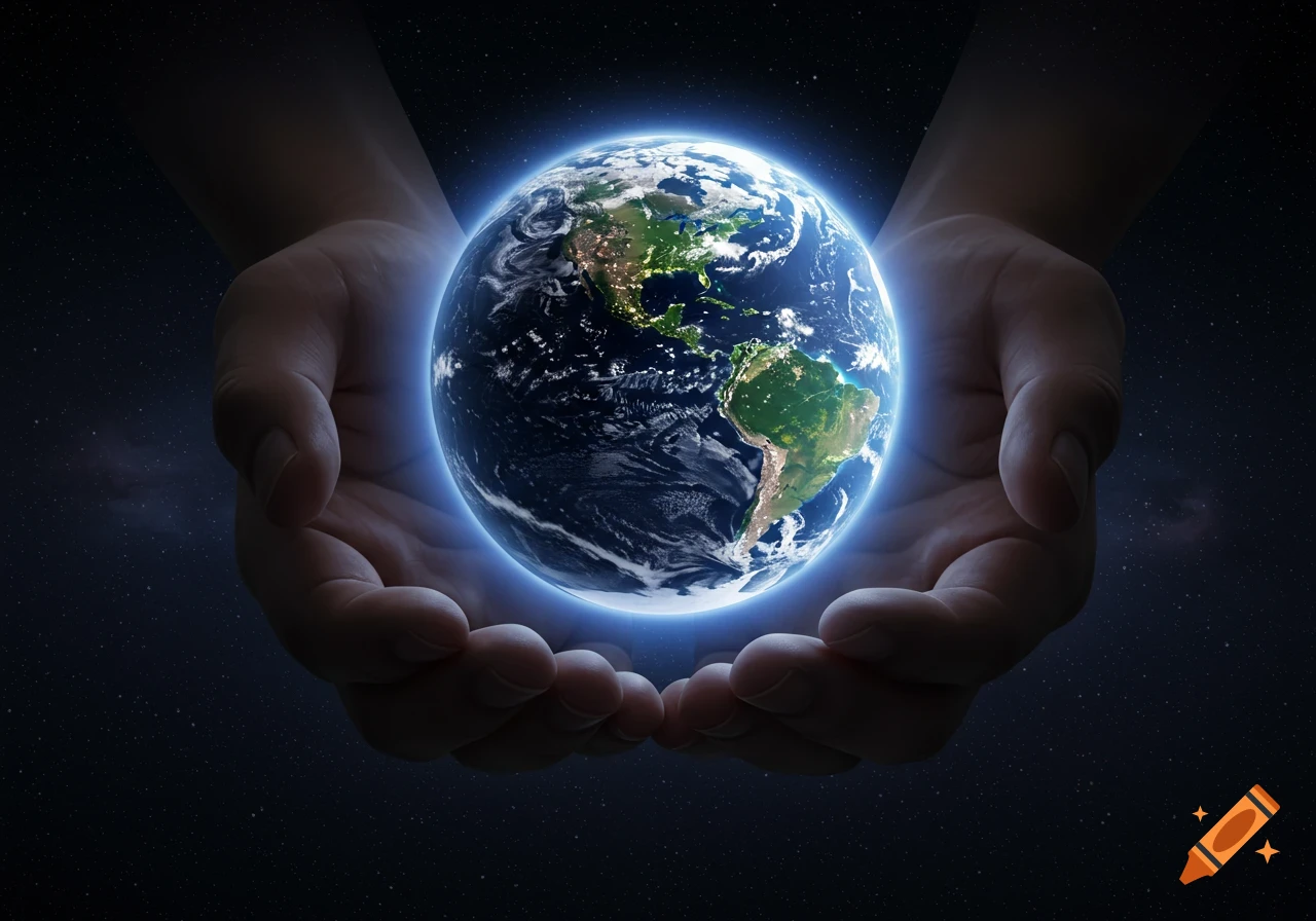 A pair of large hands cradles a glowing, detailed Earth against a dark, starry background.