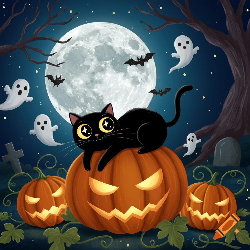 Cartoon illustration of a black cat lying on a carved pumpkin under a full moon, surrounded by ghosts and bats on Halloween night.