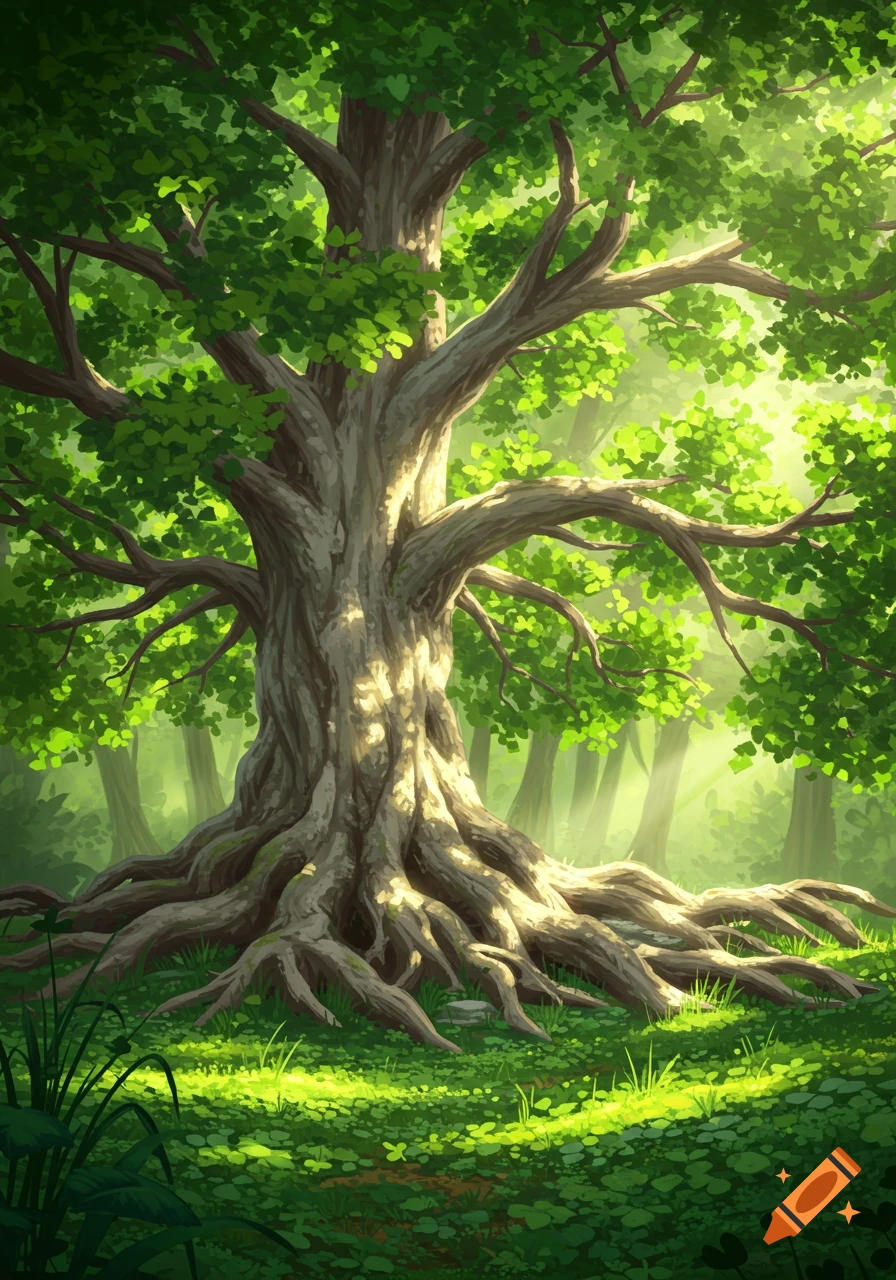 Large, ancient tree with sprawling roots and vibrant green leaves in a sun-dappled forest, in an illustration style.