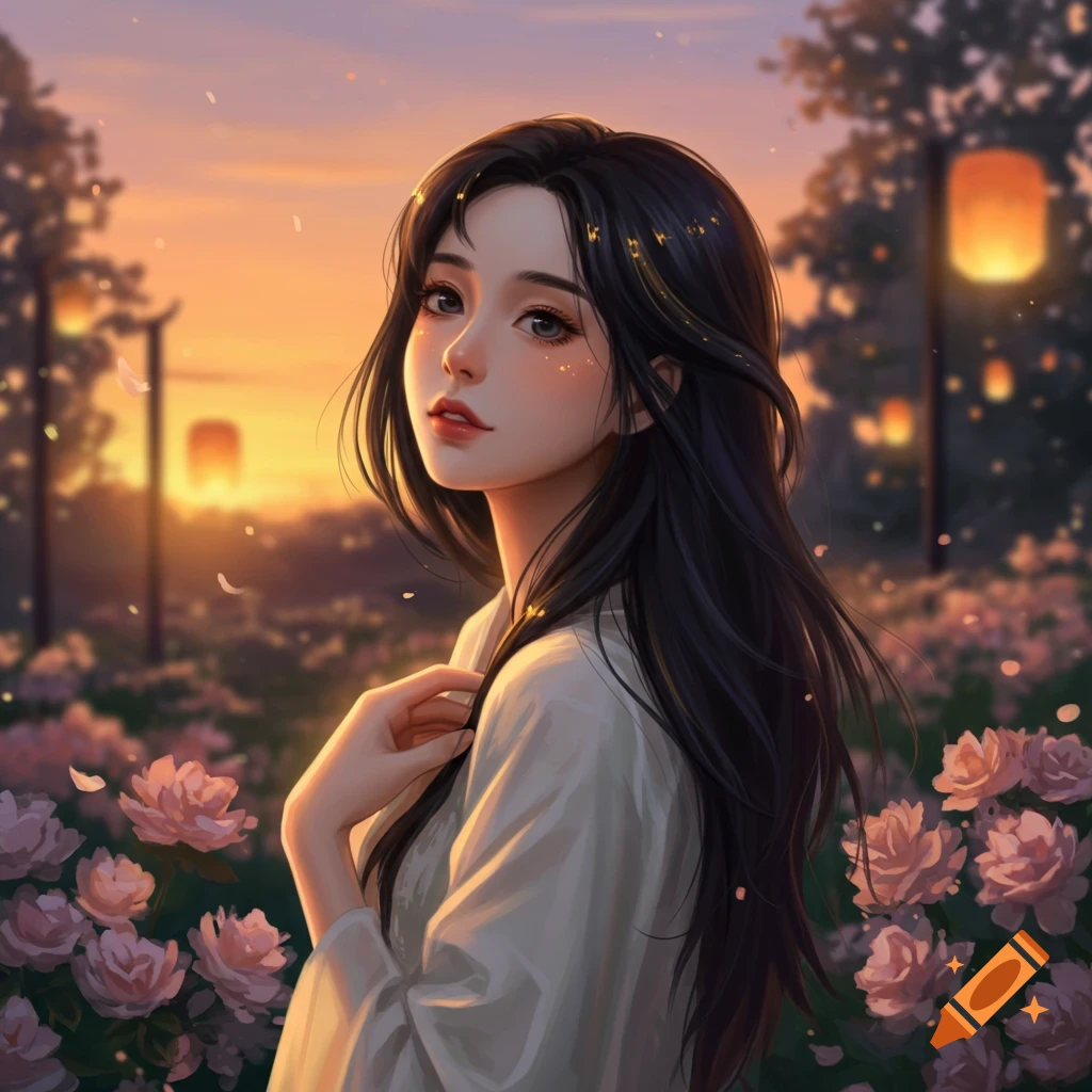 An anime-style portrait of a young woman with long dark hair, standing in a rose garden at sunset with glowing lanterns.