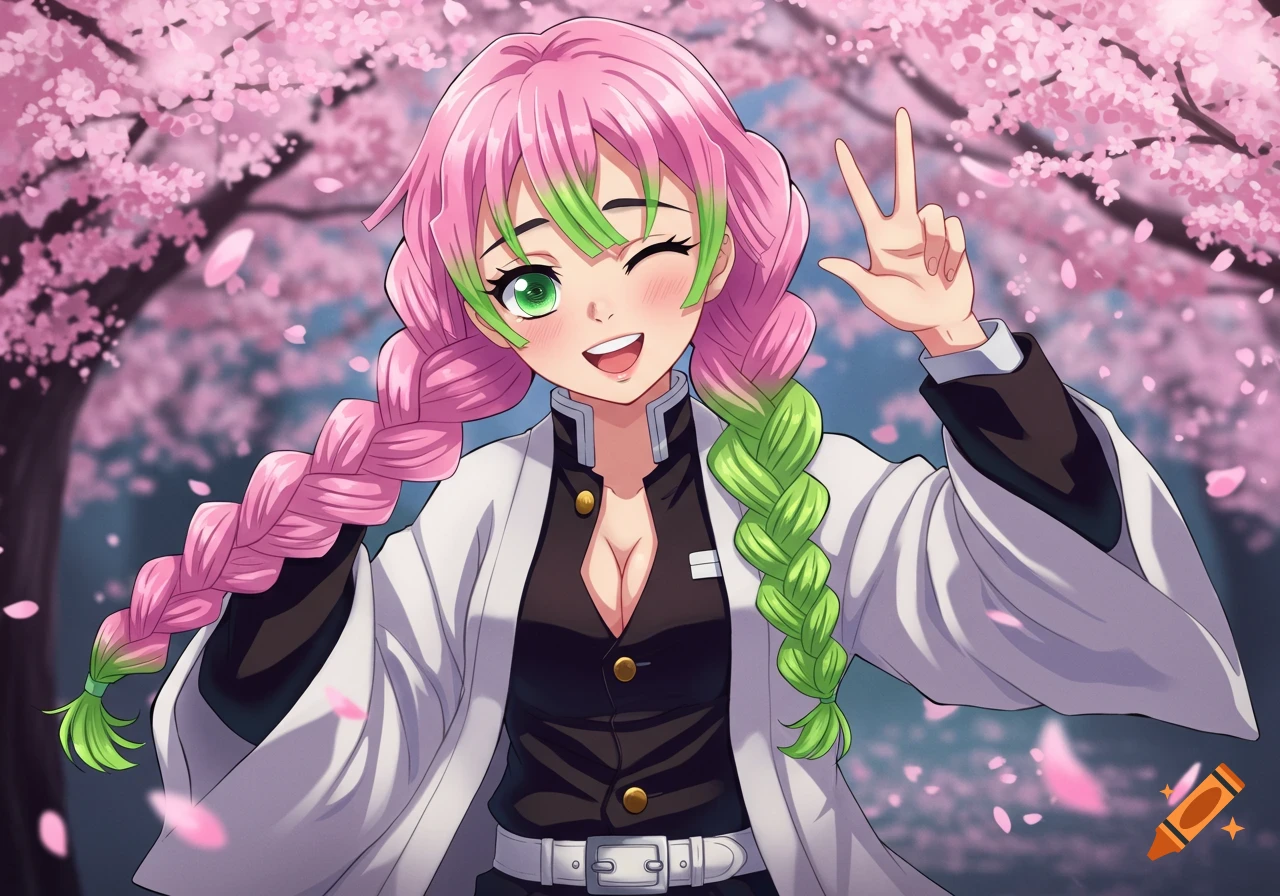 Anime girl Mitsuri Kanroji winks and makes a peace sign under pink cherry blossoms.