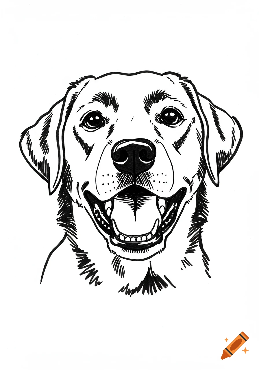 Black marker drawing of a smiling Labrador's face on a white background.