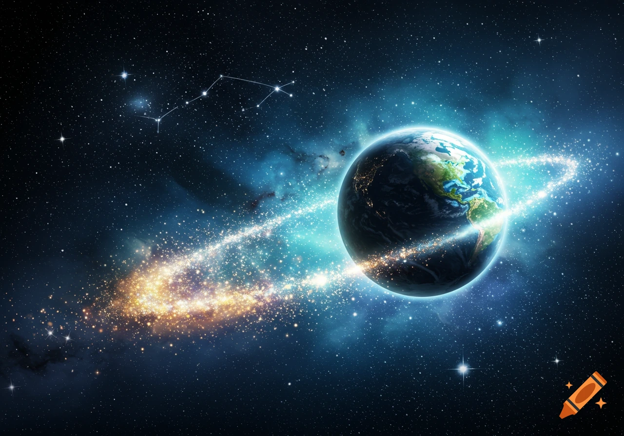 A vibrant, glowing Earth orbits amidst a starry cosmic dust ring in deep space, with constellations visible.