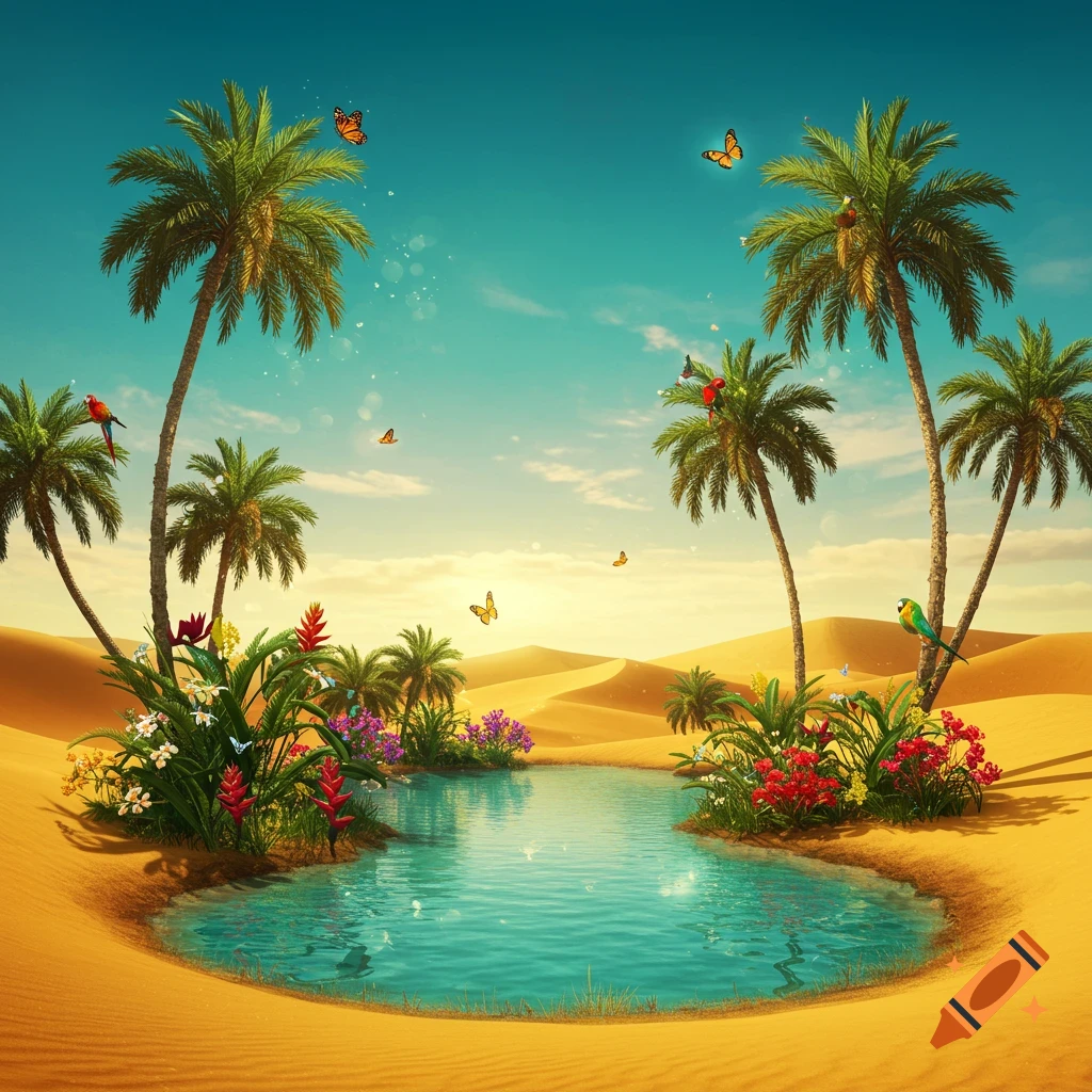 A vibrant storybook desert oasis features palm trees, a clear blue pond surrounded by colorful flowers, butterflies, and parrots.